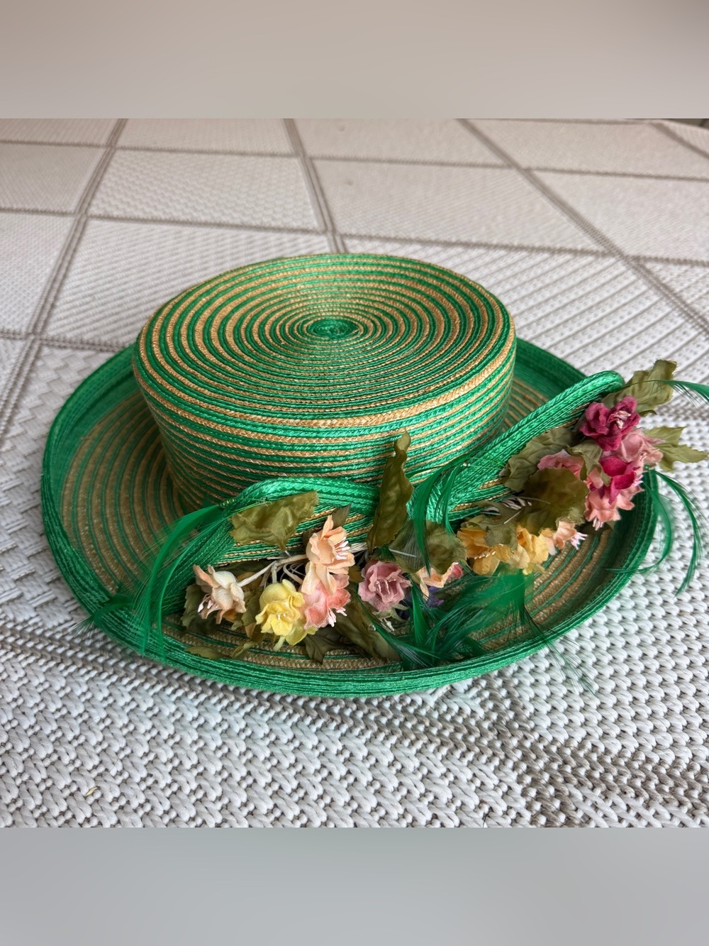 VTG Jack McConnell boutique boater derby straw gold green floral wide brim hat